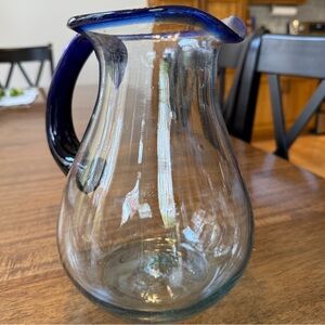 Hand Blown Mexican Art Glass Cobalt Large 9” Pitcher Blue Rim